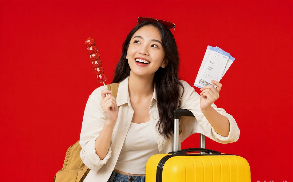 手持糖葫蘆與車票的年輕女旅客